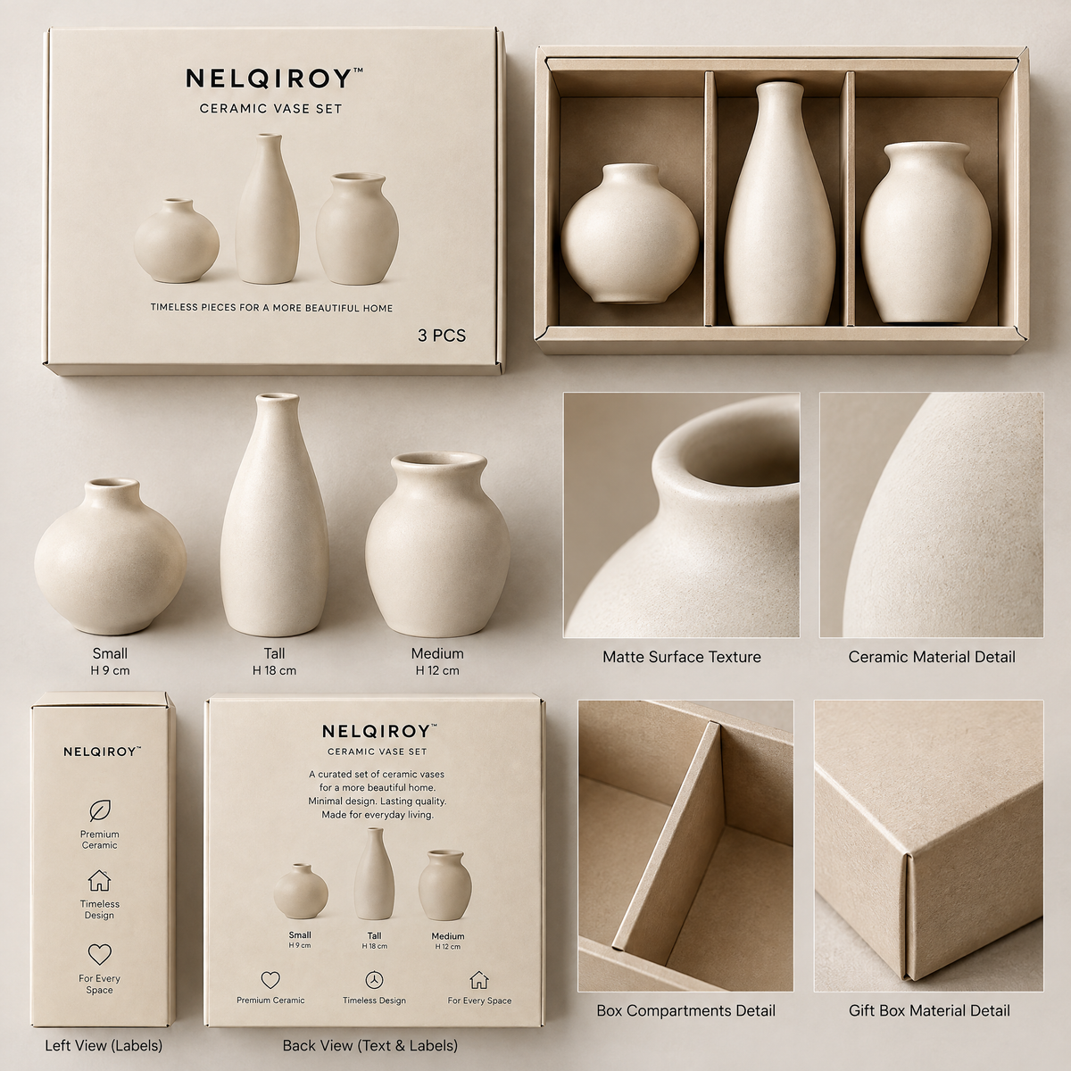 NELQIROY™ Cream-Tone Ceramic Vase Set image 6