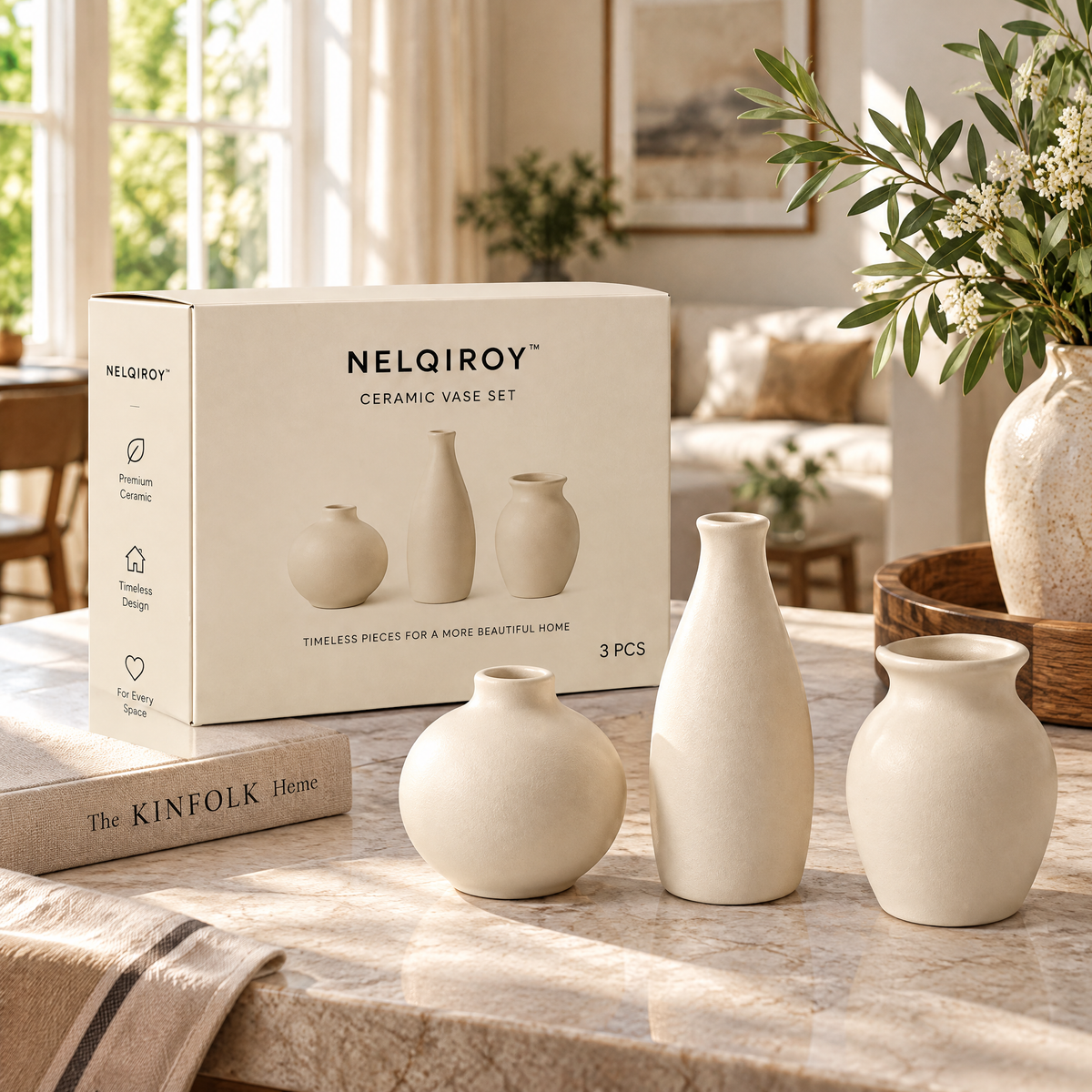 NELQIROY™ Cream-Tone Ceramic Vase Set image 2