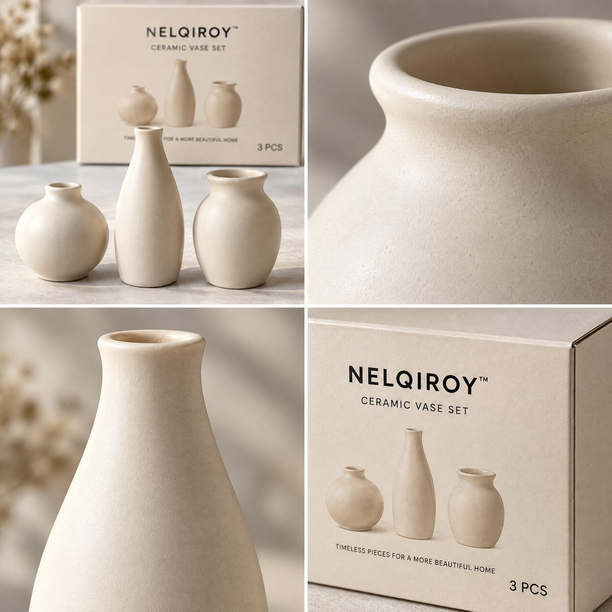 NELQIROY™ Cream-Tone Ceramic Vase Set image 3
