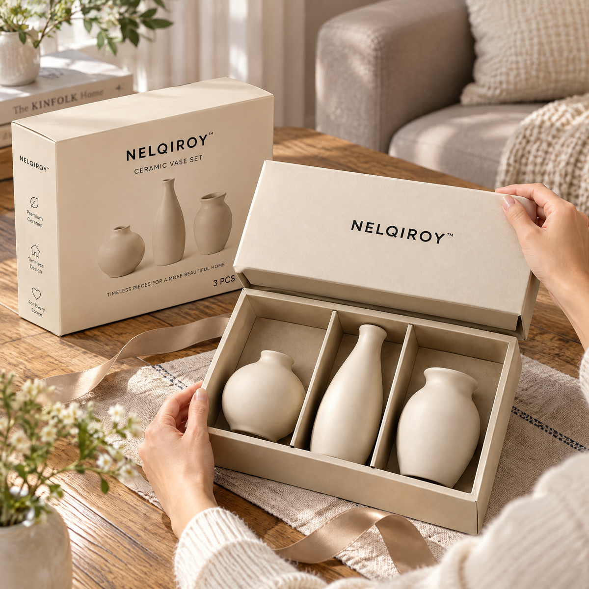 NELQIROY™ Cream-Tone Ceramic Vase Set image 4