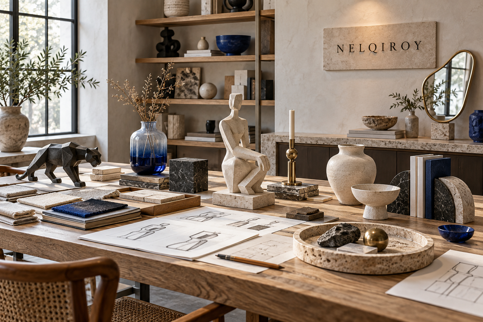NELQIROY design studio with sketches, material studies and curated sculptural home objects